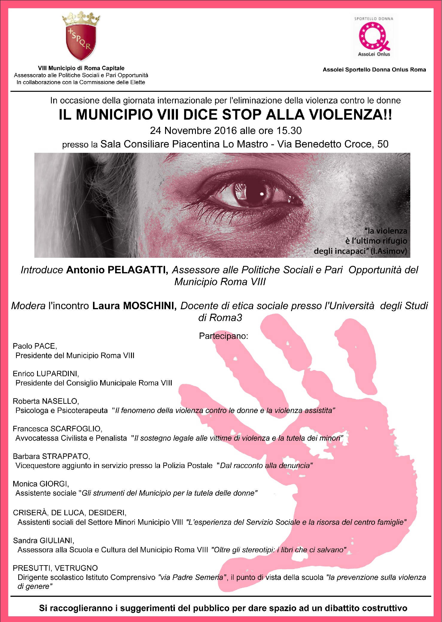 Locandina del convegno sulla violenza contro le donne del Municipio VIII di Roma